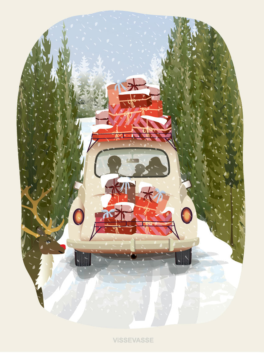 All packed for Christmas - julekort med kuvert fra ViSSEVASSE. PÃ¥ kortet er en bil hel fuld af gaver