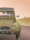 2CV CITROËN poster from ViSSEVASSE with woman in yellow car