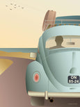 VW Beetle poster from ViSSEVASSE with blue beetle on the road
